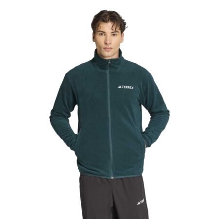 Adidas vyriškas fleece džemperis Terrex Multi Full-Zip JY8356 – tamsiai žalios spalvos džemperis su užtrauktuku ir kišenėmis.