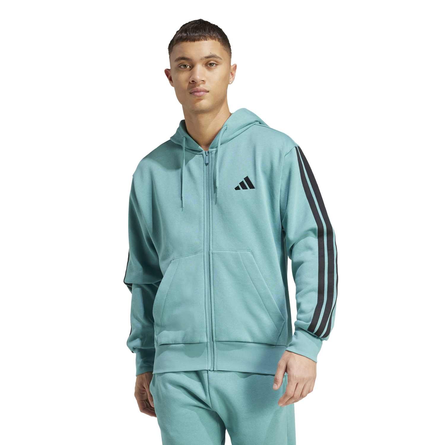 Adidas vyriškas džemperis Essentials 3-Stripes JX0698 – žalias Fleece džemperis su gobtuvu ir trimis juodomis juostelėmis ant rankovių.