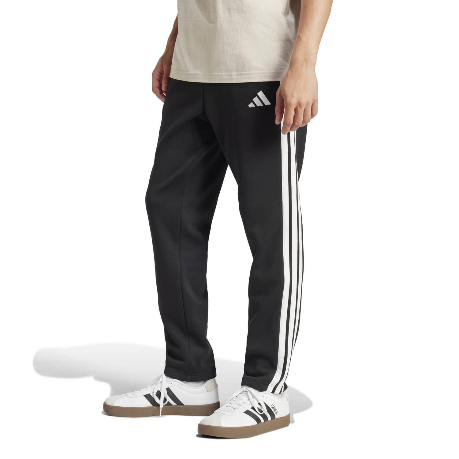Adidas vyriškos sportinės kelnės Essentials 3-Stripes Open Hem Fleece Pants JD1854 juodos su baltomis juostelėmis fleece pašiltinimu