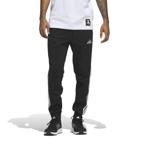 Adidas vyriškos sportinės kelnės Essentials 3-Stripes TC Fleece Pants JD1861 – juodos šiltos kelnės su fleece pašiltinimu ir baltomis juostelėmis.