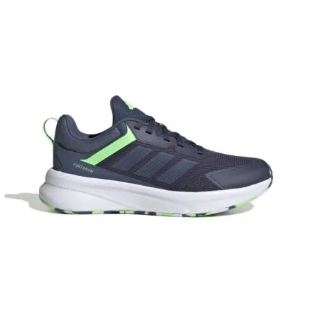 Tamsiai mėlyni vaikiški Adidas Fortarun 4.0 K vaikiški bėgimo bateliai mėlyni su salotinėmis detalėmis, modelis JQ5173.