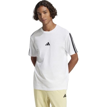 Balti vyriški marškinėliai Adidas Essentials 3-Stripes Tee JW1952, 100% medvilnė, laisvas kirpimas, su 3 juodomis juostelėmis ant rankovių.