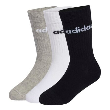Adidas Kids Linear Crew Socks KE7085 vaikišku kojinių rinkinys: balta, pilka ir juoda spalvos su minkštu padu.
