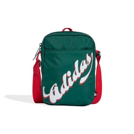Žalia Adidas Tiro Graphic II KE3773 rankinė per petį su reguliuojamu dirželiu ir baltu Adidas logotipu.