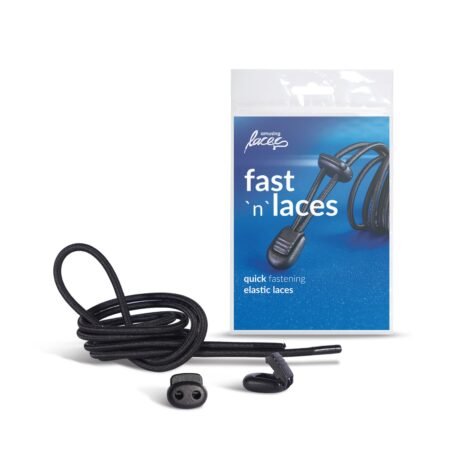 Juodi Kaps elastiniai batų raišteliai 120 cm su Fast’n’laces greito fiksavimo sistema ir plastikiniu užraktu.