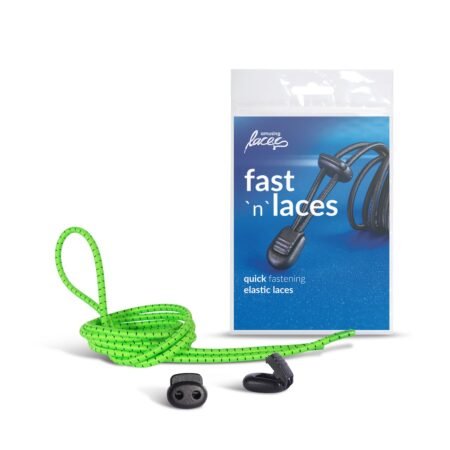 Ryškiai žali Kaps elastiniai batų raišteliai 120 cm su Fast’n’laces fiksavimo sistema ir juodu užraktu.