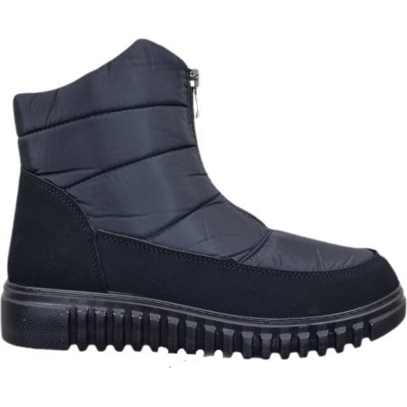 Juodi moteriški Progress PR4405 sniego batai su dirbtinio kailio apdaila ir užtrauktuku priekyje.