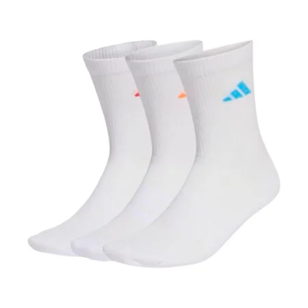 Baltų Adidas KC9623 kojinių rinkinys, 3 poros su spalvotais logotipais ir kilpiniu padu.