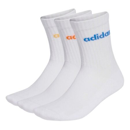 Baltų Adidas Linear Crew Cushioned kojinių rinkinys KD1717, 3 poros su spalvotais logotipais.
