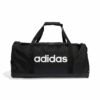 Vidutinio dydžio juodas Adidas Linear Duffel JD9555 sportinis krepšys su baltu logotipu ir batų skyriumi.