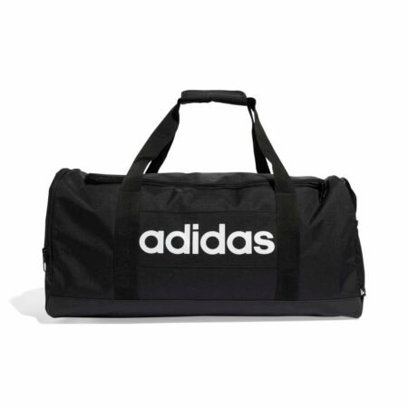 Vidutinio dydžio juodas Adidas Linear Duffel JD9555 sportinis krepšys su baltu logotipu ir batų skyriumi.