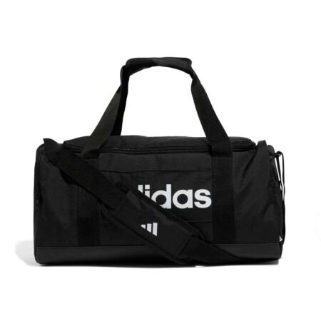 Mažas juodas Adidas Linear Duffel JE8343 sportinis krepšys su baltu logotipu ir batų skyriumi.