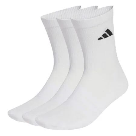 Baltos ilgos sportinės kojinės Adidas su paminkštintu padu ir juodu logotipu, modelis JZ0530, 3 porų rinkinys.