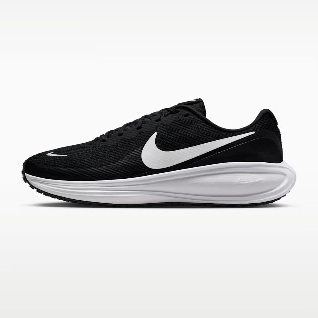 Juodi vyriški bėgimo batai plačiai pėdai Nike Revolution 8 Wide kedai, modelio kodas HQ1996-001.