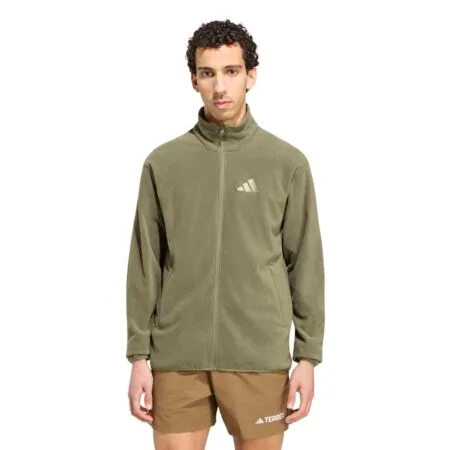 Žalias chaki vyriškas flisinis džemperis bliuzonas žygiams su užtrauktuku Adidas Terrex Multi Full Zip Fleece KY9785.