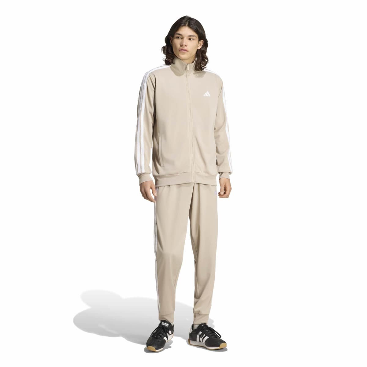 Smėlio spalvos šviesus vyriškas sportinis kostiumas treningai Adidas Sportswear Basic 3-Stripes KY2276.