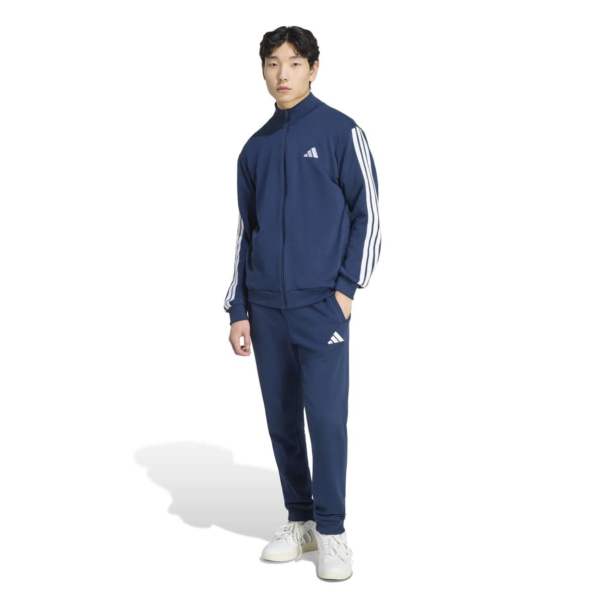 Tamsiai mėlynas vyriškas sportinis kostiumas medvilniniai treningai Adidas Essentials 3-Stripes KZ2433.