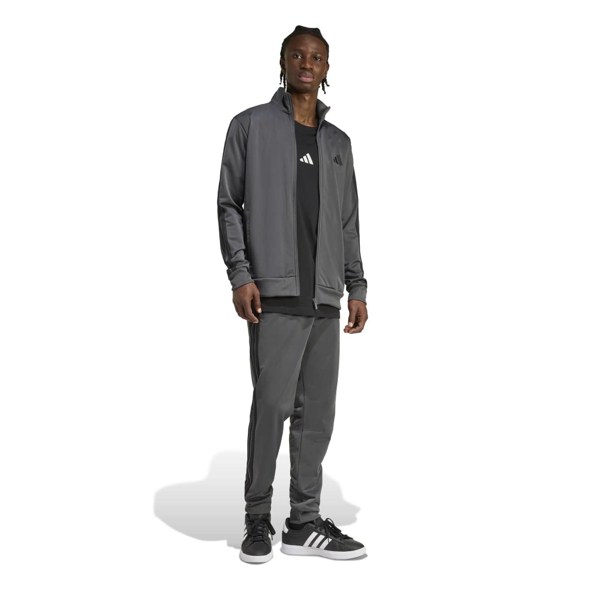 Tamsiai pilkas vyriškas sportinis kostiumas treningai Adidas Sportswear Basic 3-Stripes KC1355.