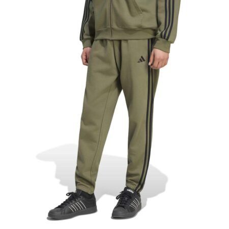 Chaki vyriškos sportinės kelnės joggeriai su juodomis juostelėmis Adidas Essentials 3-Stripes KY4130.