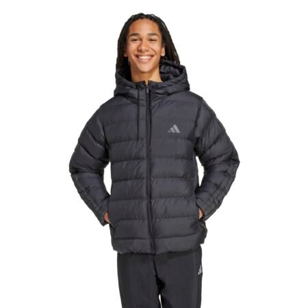 Juoda vyriška žieminė striukė su gobtuvu ir trimis juostelėmis sintetinis pūkas Adidas Essentials Climawarm 3-Stripes KE8328.