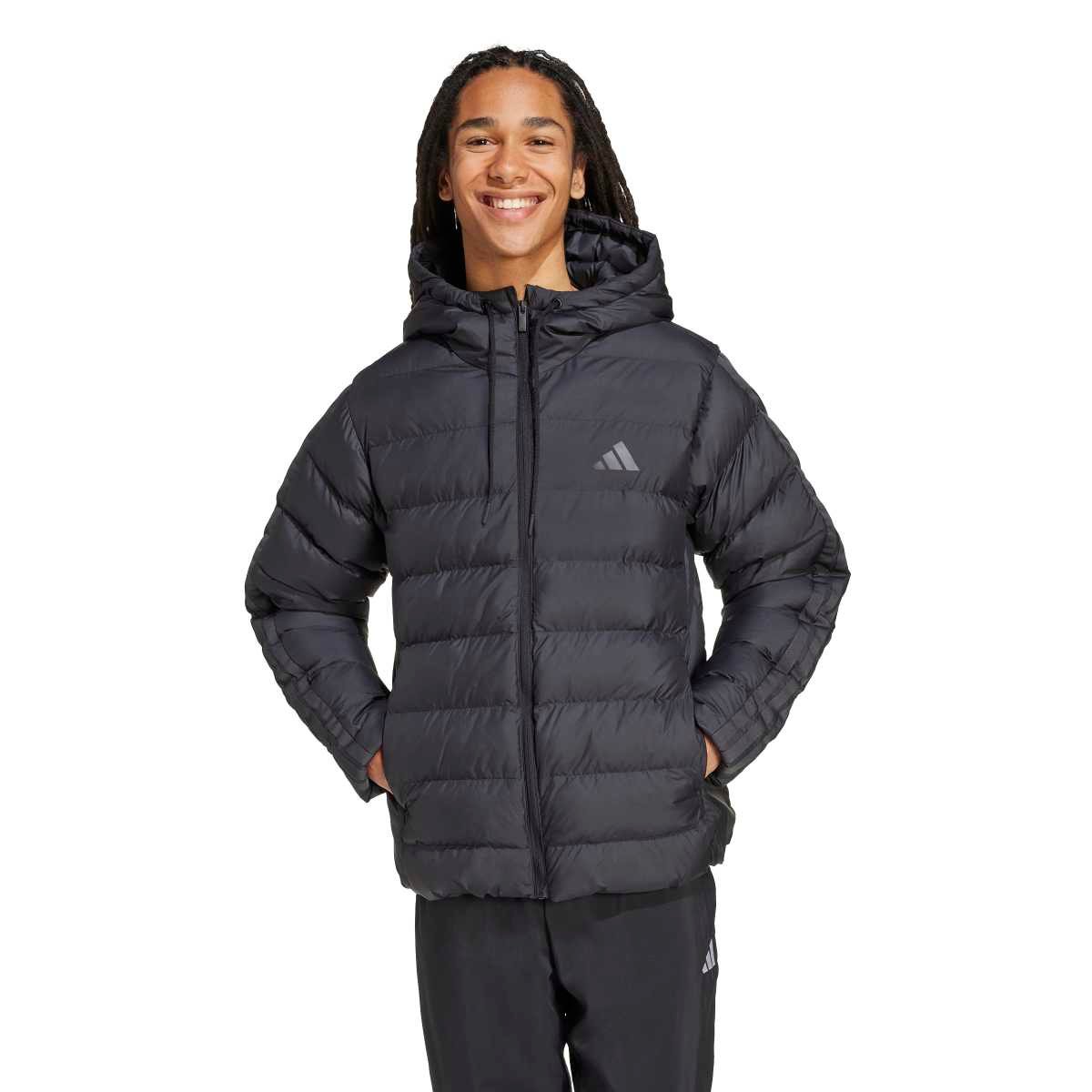 Juoda vyriška žieminė striukė su gobtuvu ir trimis juostelėmis sintetinis pūkas Adidas Essentials Climawarm 3-Stripes KE8328.