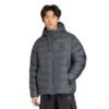 Tamsiai pilka vyriška žieminė striukė su gobtuvu ir trimis juostelėmis sintetinis pūkas Adidas Essentials Climawarm KE0253.